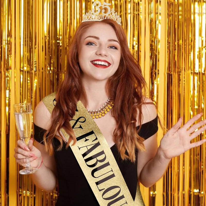 Hapdoo 35th Birthday Decorations for Women, 35th Birthday Gifts Sash and Crown for Women Set, 35 & Fabulous Party Supplies, Gold - Image 2